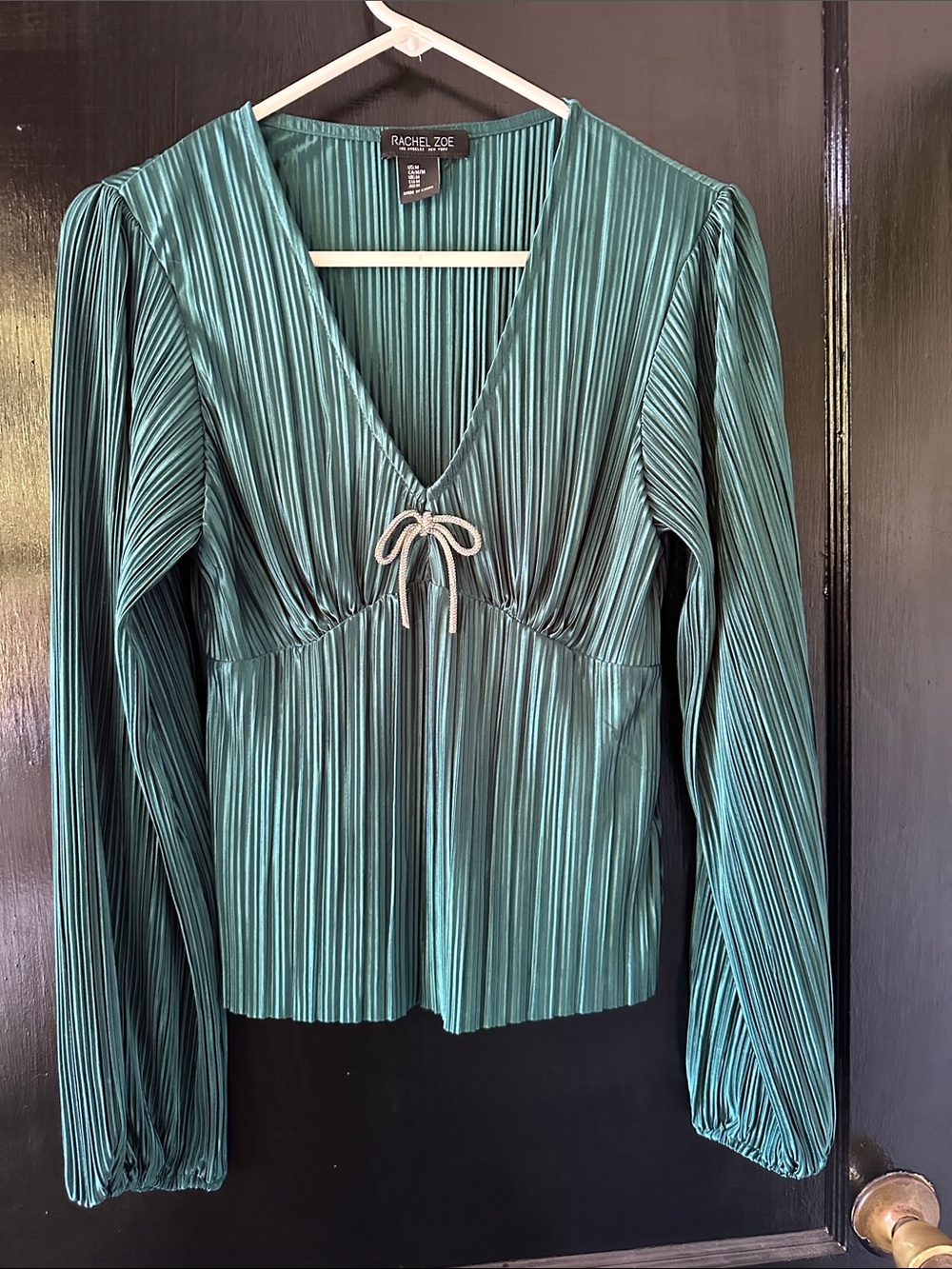 Teal Pleated V-Neck Bow Front Blouse